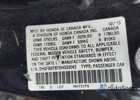 2013 Honda Civic Ex z USA, uszkodzony, nr VIN 2HGFB2F87DH533043